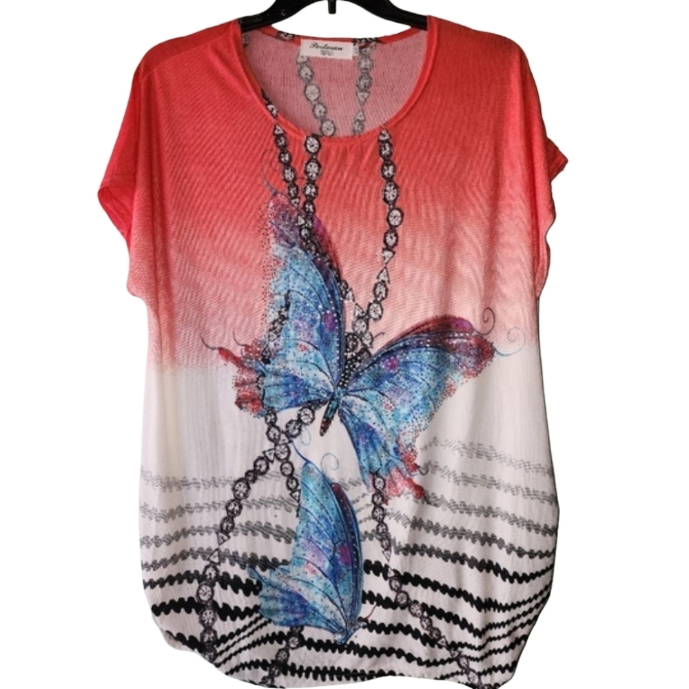 PORTMAN FASHION Coral and Blue Shimmering Butterfly Graphic Print Tee  Sz XXL